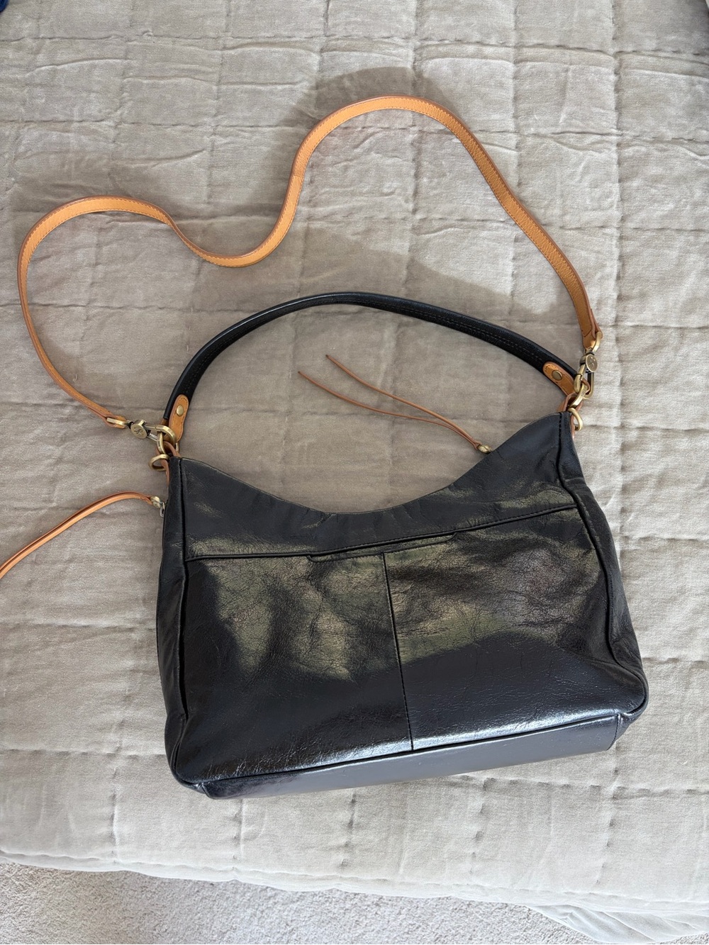 HOBO Black Leather Shoulder Bag with Tan Strap - super soft and lightweight